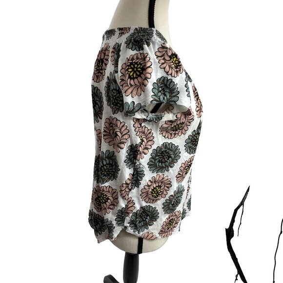 Loft Womens M Floral Short Sleeve Peasant Blouse Top White Pink Green - Picture 3 of 6